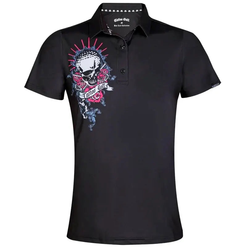 A black ladies golf shirt with a vibrant skull and golf club design on the front.