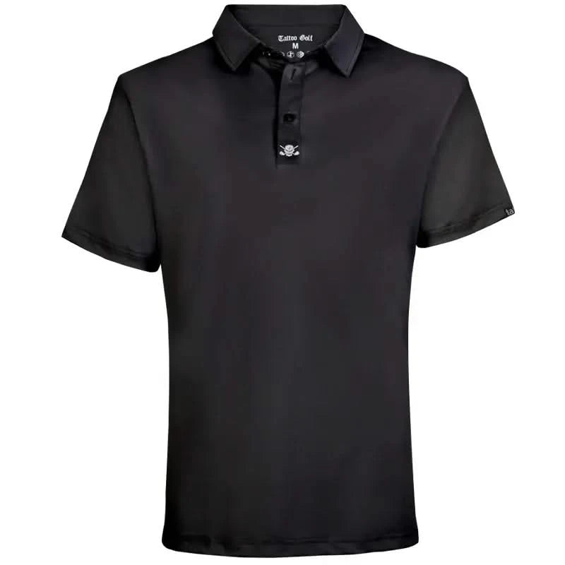 A black men's golf shirt with a collar, button-up neck, and short sleeves. It features a subtle pattern with a skull and crossed golf clubs on the back.