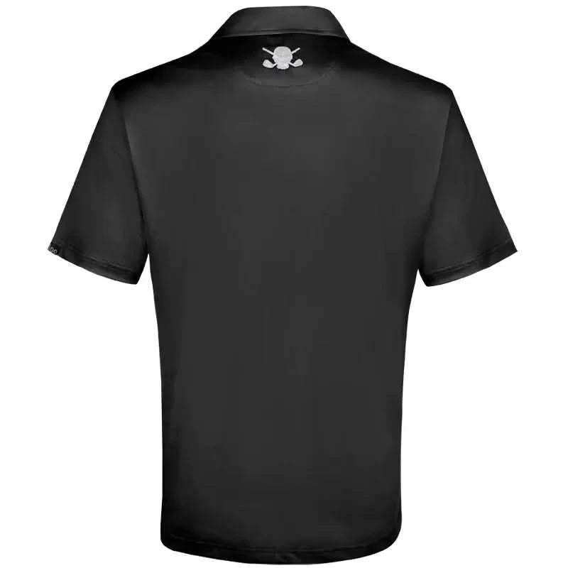 Still Basic Cool-Stretch Men's Golf Shirt in Black showing back view and embroidered skull-and-crossed-clubs emblem.