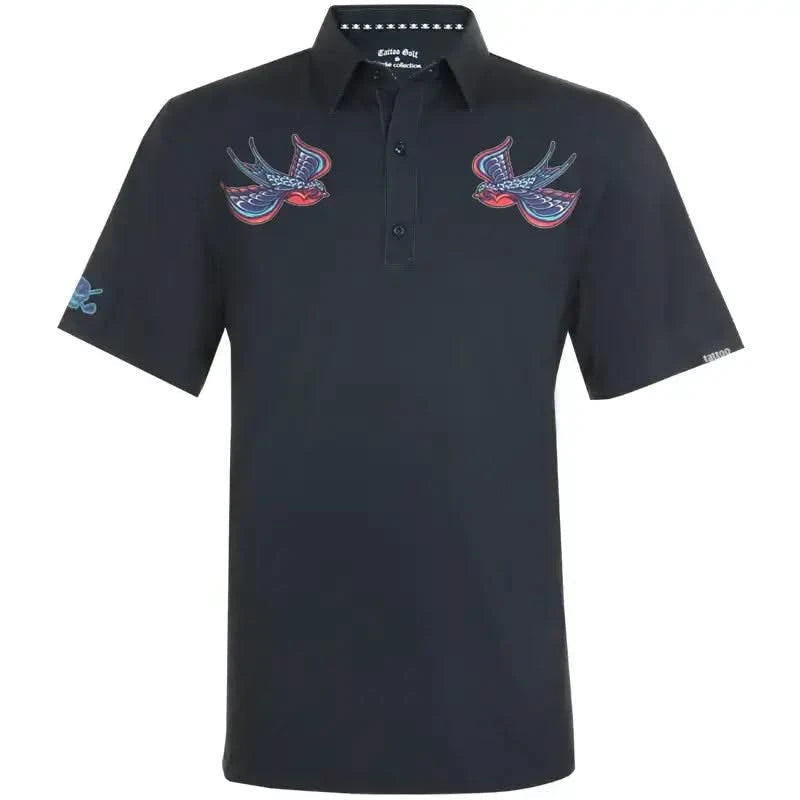 Black birdie polo shirt with colorful swallows designs