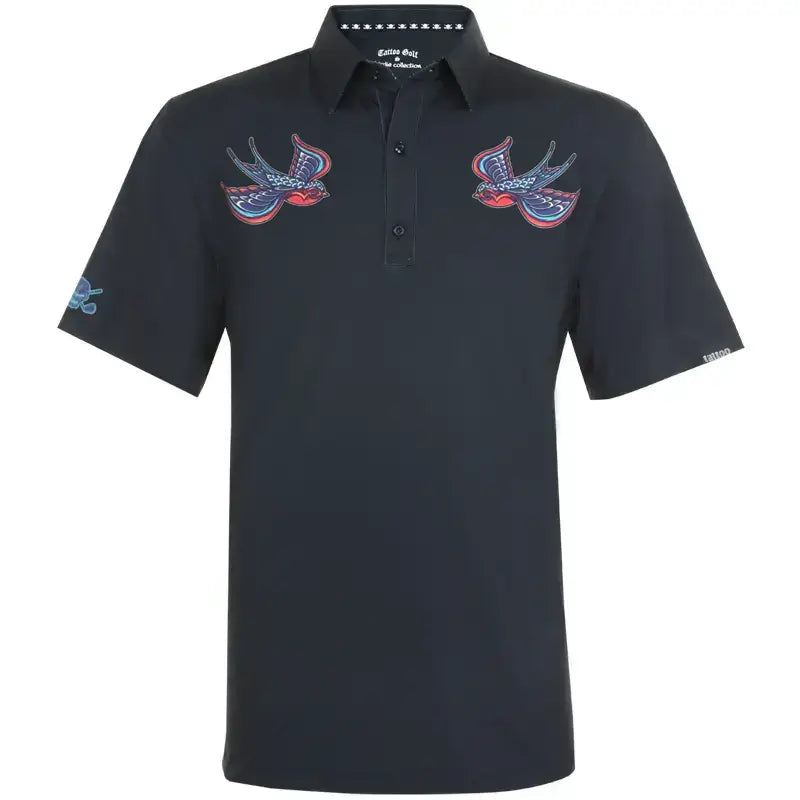 Black birdie polo shirt with colorful swallows designs