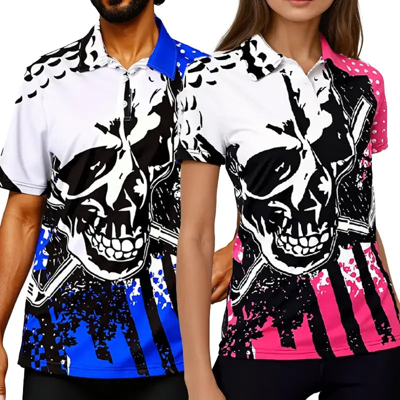 Two people wearing golf shirts with skull designs