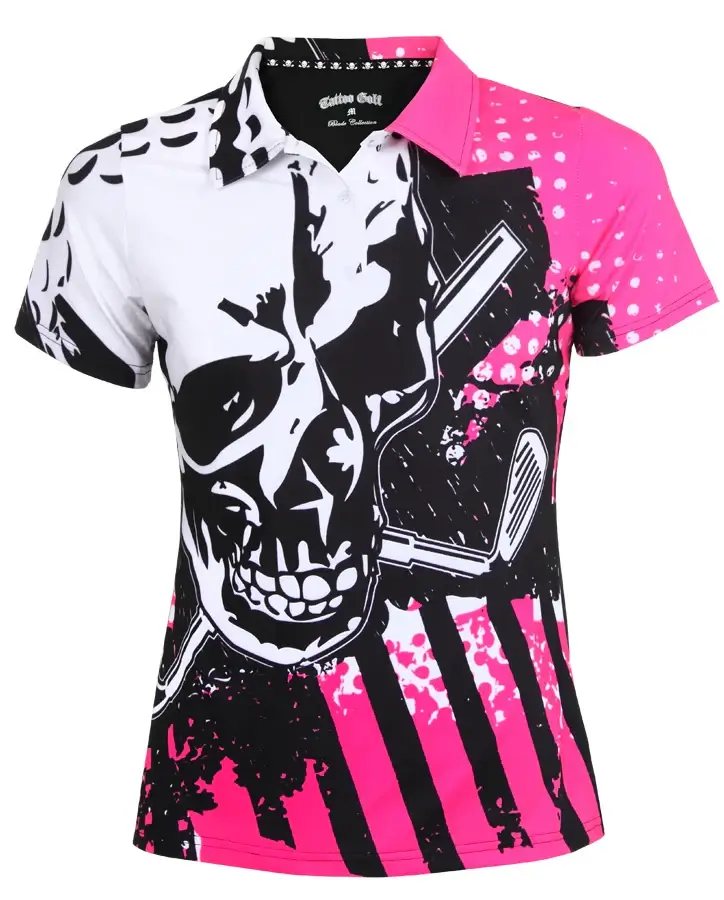 A pink and white golf shirt with a graphic design, showcasing a skull and bones pattern with accompanying text.