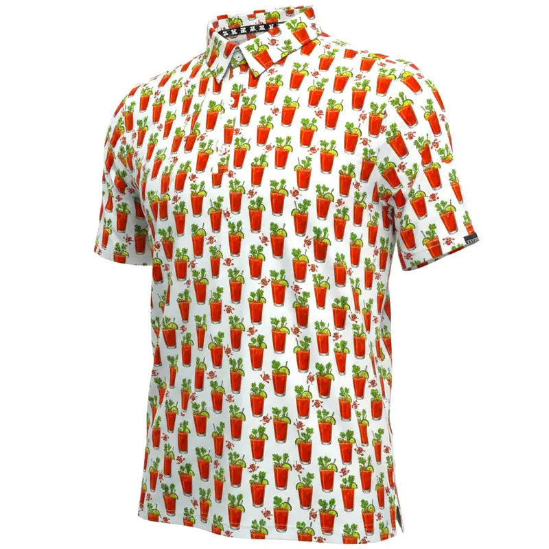 19th Hole Bloody Mary Cool Stretch Men's Golf Shirt in white with colorful Bloody Mary print