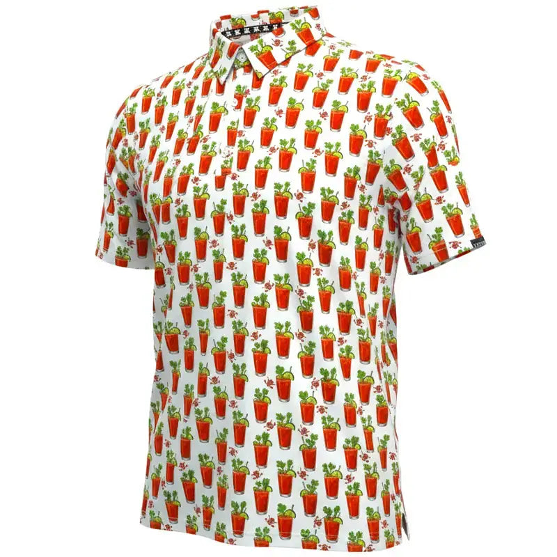 19th Hole Bloody Mary Cool Stretch Men's Golf Shirt in white with colorful Bloody Mary print