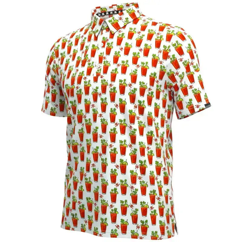 19th Hole Bloody Mary Cool Stretch Men's Golf Shirt in white with colorful Bloody Mary print