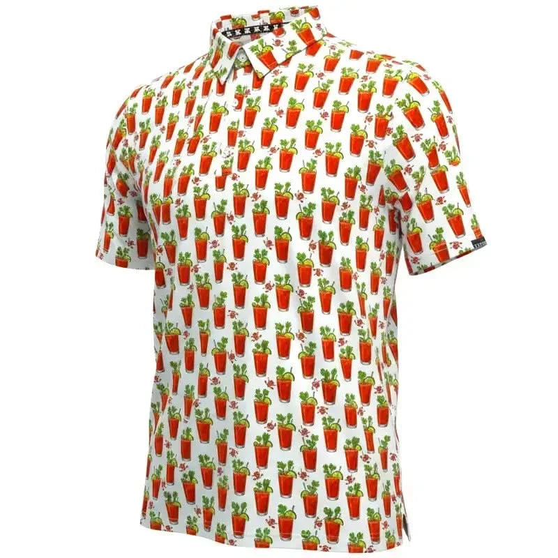 19th Hole Bloody Mary Cool Stretch Men's Golf Shirt in white with colorful Bloody Mary print