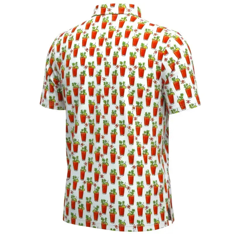 19th Hole Bloody Mary Cool Stretch Men's Golf Shirt with vibrant Bloody Mary print on a white background.