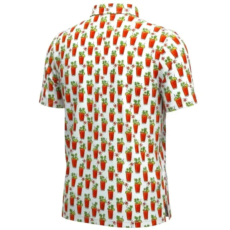 19th Hole Bloody Mary Cool Stretch Men's Golf Shirt with vibrant Bloody Mary print on a white background.