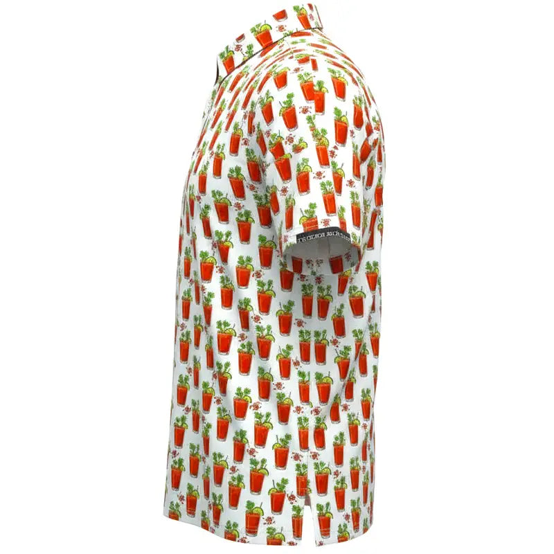 19th Hole Bloody Mary Cool Stretch Men's Golf Shirt in white with vibrant Bloody Mary print.