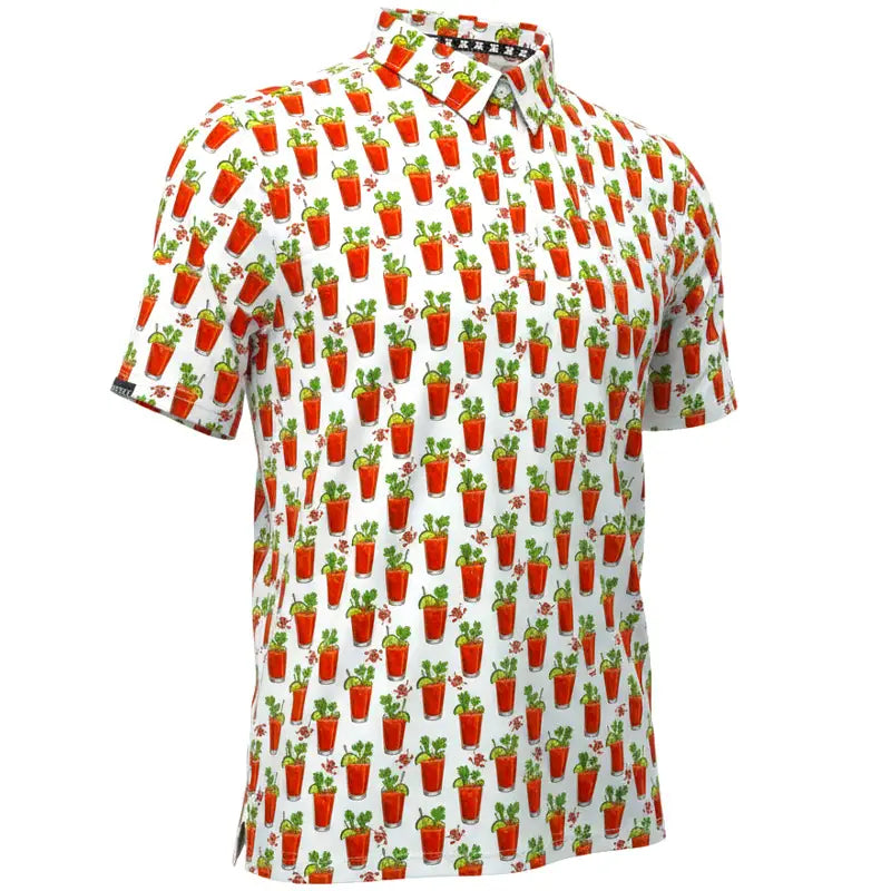 19th Hole Bloody Mary Cool Stretch Men's Golf Shirt in white with colorful Bloody Mary print.