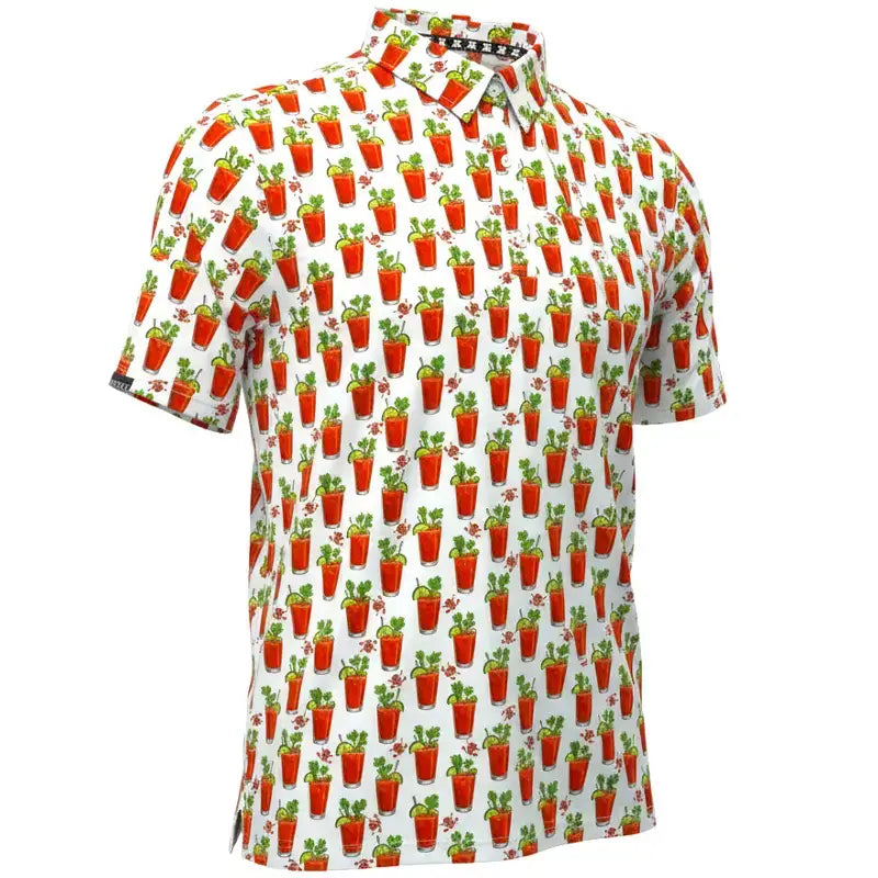 19th Hole Bloody Mary Cool Stretch Men's Golf Shirt in white with colorful Bloody Mary print.