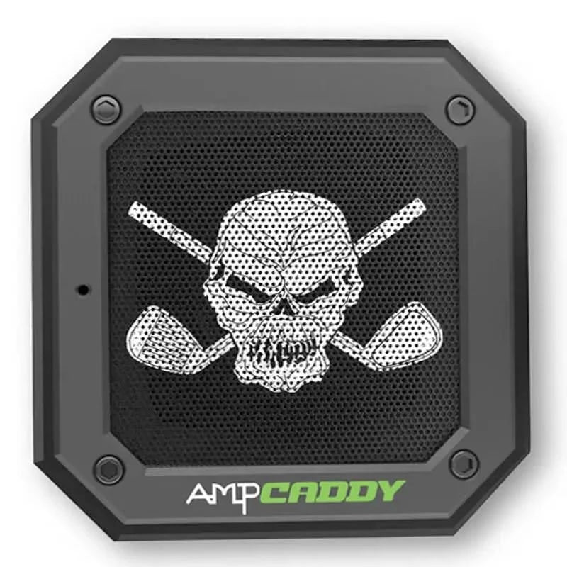 A black Ampcaddy Version 3 Pro Bluetooth golf speaker with a white skull and crossed bones graphic on the front.
