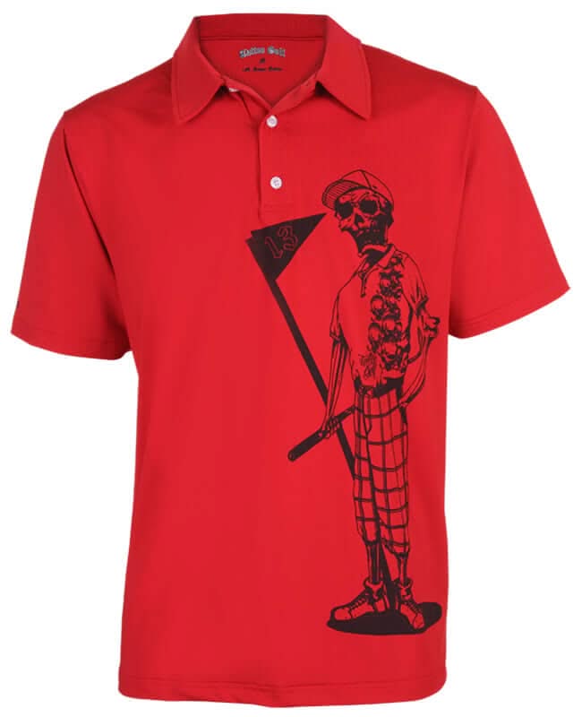 Red polo shirt with black graphic design on a white background