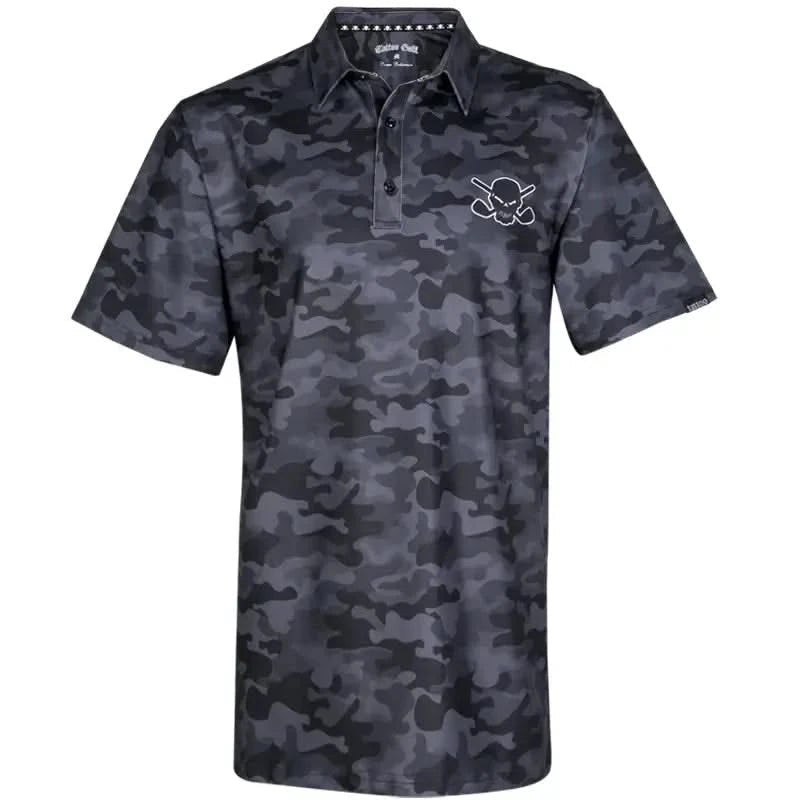 A black camouflage golf shirt with short sleeves, featuring a skull and crossed golf clubs design on the chest and back.