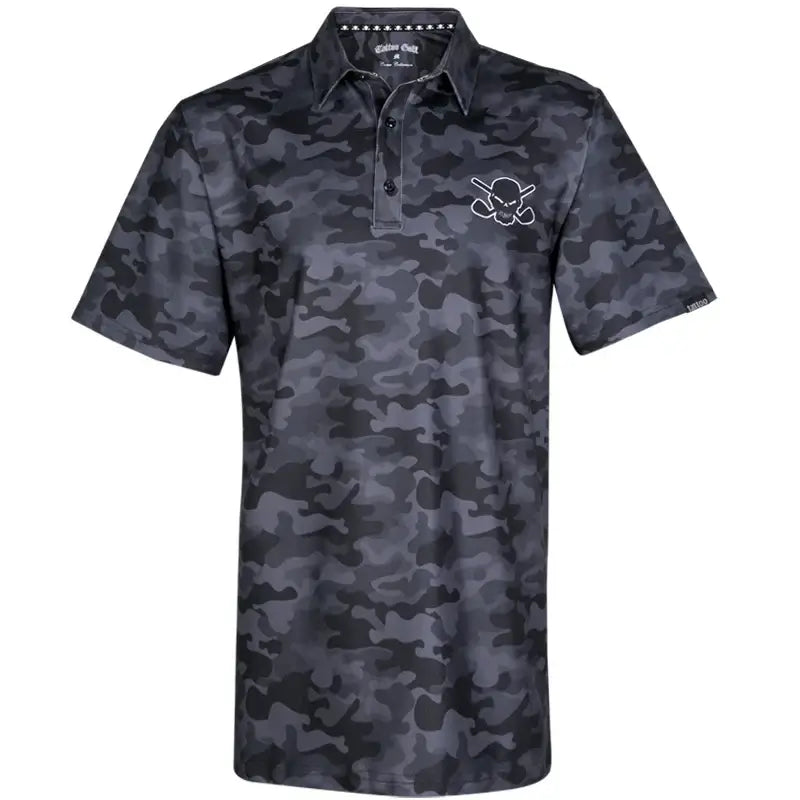 A black camouflage golf shirt with short sleeves, featuring a skull and crossed golf clubs design on the chest and back.