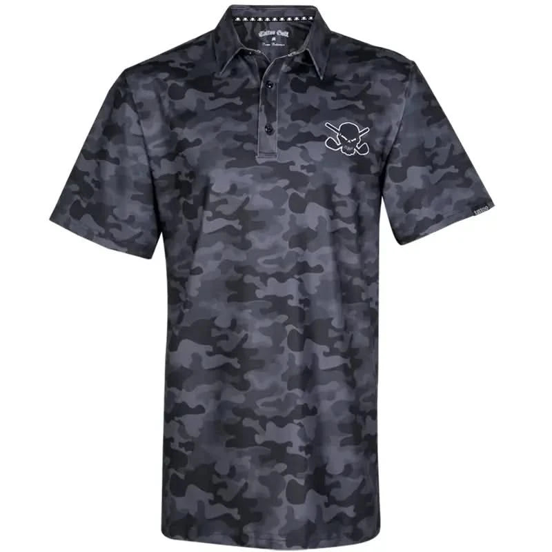 A black camouflage golf shirt with short sleeves, featuring a skull and crossed golf clubs design on the chest and back.