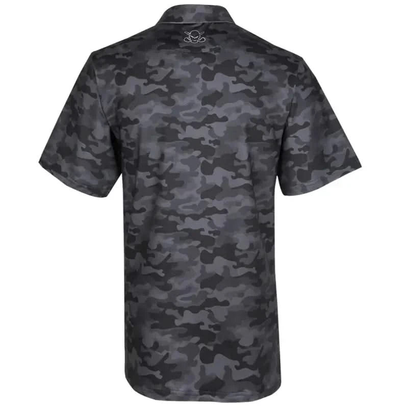 Back view of the Camo Cool-Stretch Golf Shirt showcasing the black camo pattern and Tattoo Golf logo.