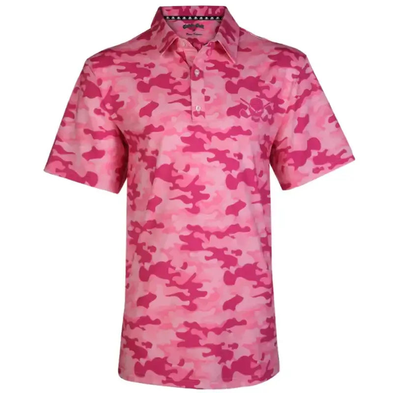 A men's pink camouflage golf shirt with a skull and crossing clubs design on the chest and back, featuring a polo-style collar and three-button placket.