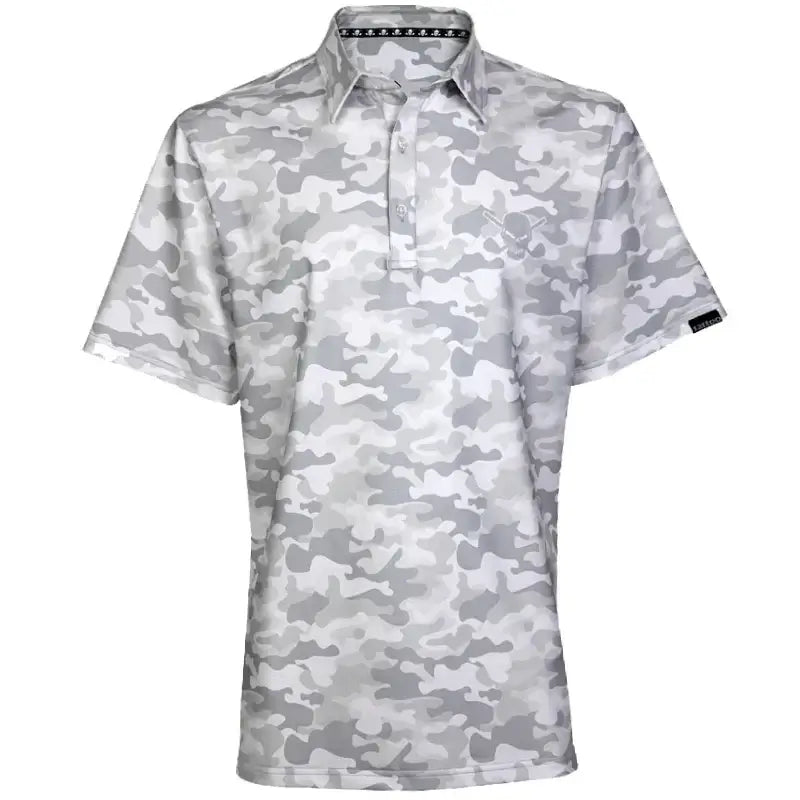 A white golf shirt with a camouflage pattern and a skull and crossing clubs graphic on the chest and back.