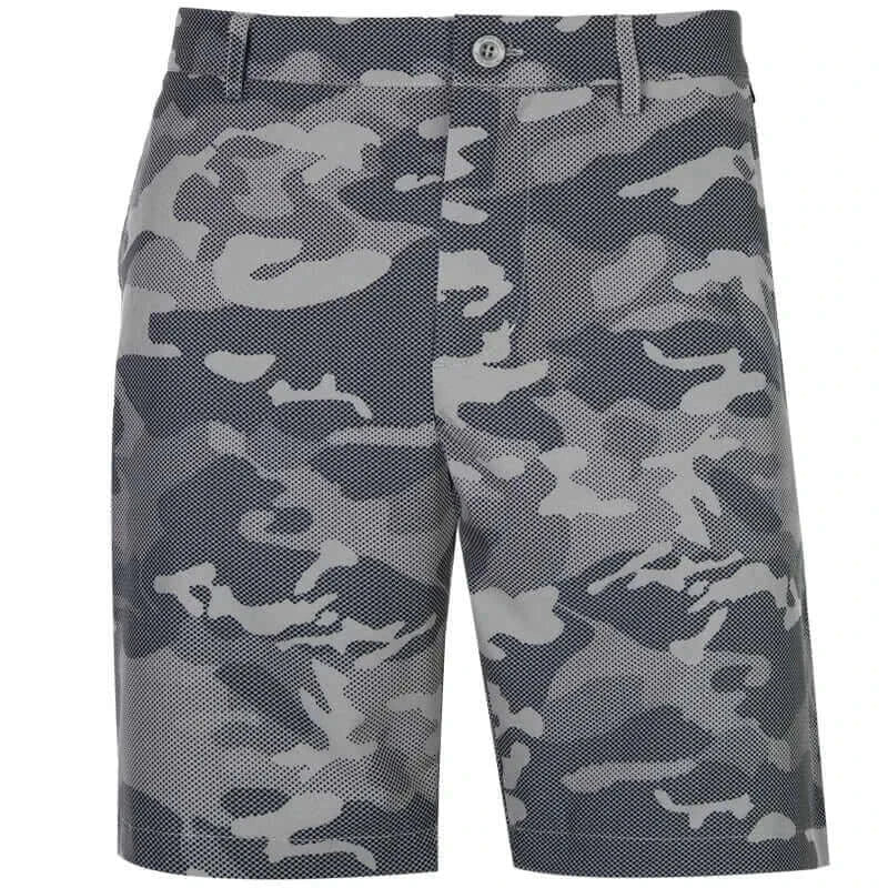 Camo X Cool-Stretch Men's Golf Shorts in grey with a camouflage pattern, featuring a self-fabric design on the waistband and a subtle embroidered skull on the waistband.