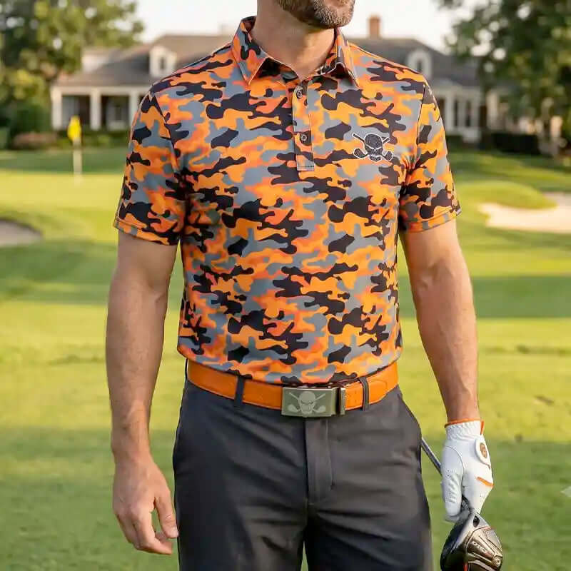 August Golf Outfit - Save 20% - Orange Camo, Shorts, Belt