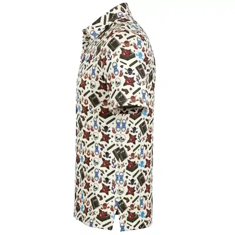 golf shirt with a colorful pattern on a white background