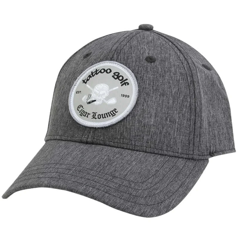 dark charcoal golf hat with skull and cigar logo