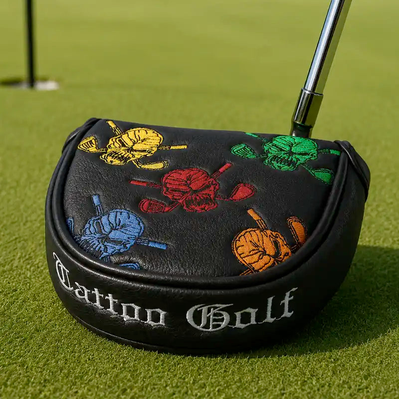 Colorful skull two-ball golf putter cover by Tattoo Golf
