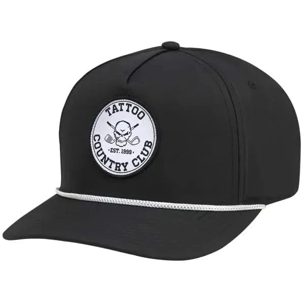 Black cap with a white logo featuring a skull and crossed golf clubs