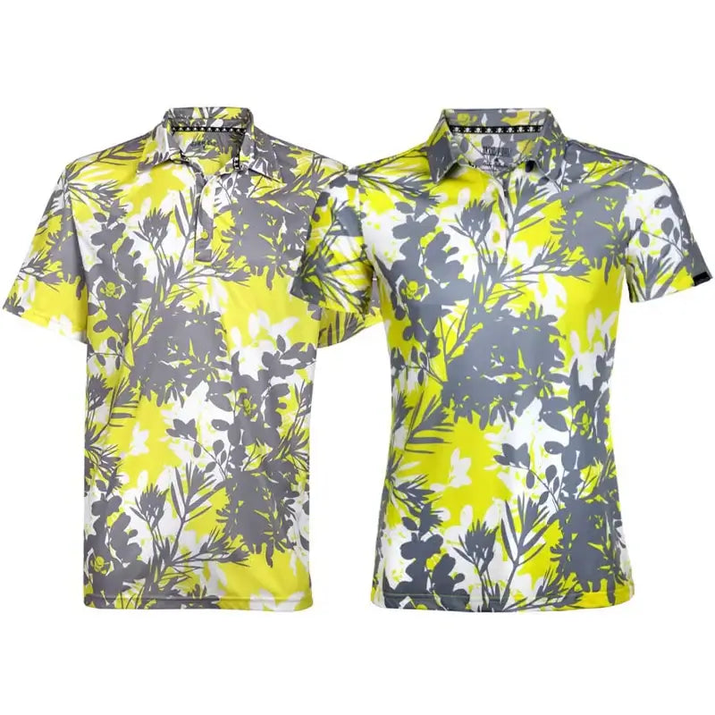 A set of two matching golf polos in yellow and gray with a leaf pattern, showcasing a three-button placket and short sleeves.