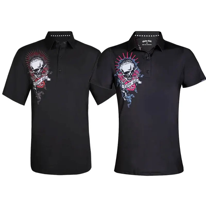 A pair of black golf polos with a skull and crossed clubs design on the chest and back, displayed front and back.
