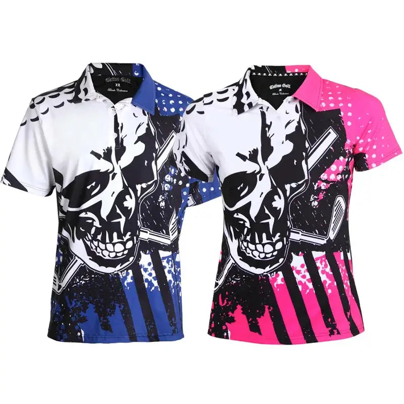 Two golf shirts, one in blue with a skull design and the other in pink with the same design, both with short sleeves and a 3-button placket.