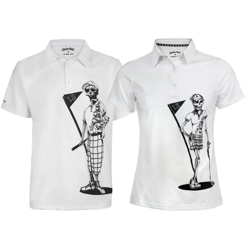 A pair of white golf shirts with a black and gray skull and bones design on the back, displayed in a front and back view.