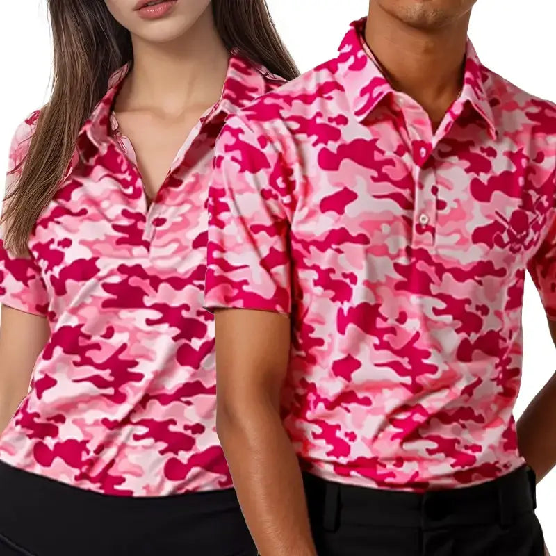 couples matching pink camo golf shirts