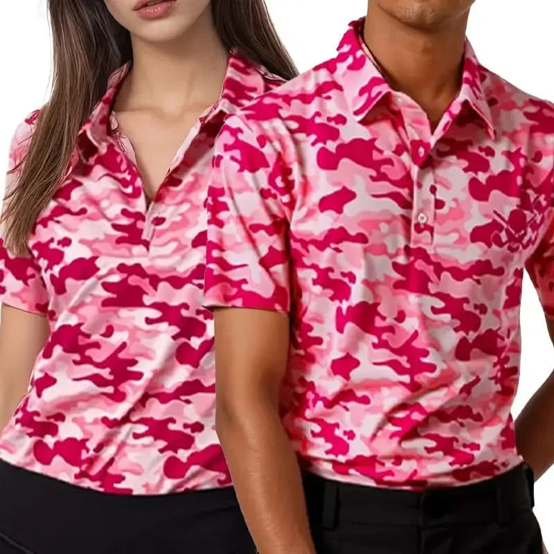 couples matching pink camo golf shirts