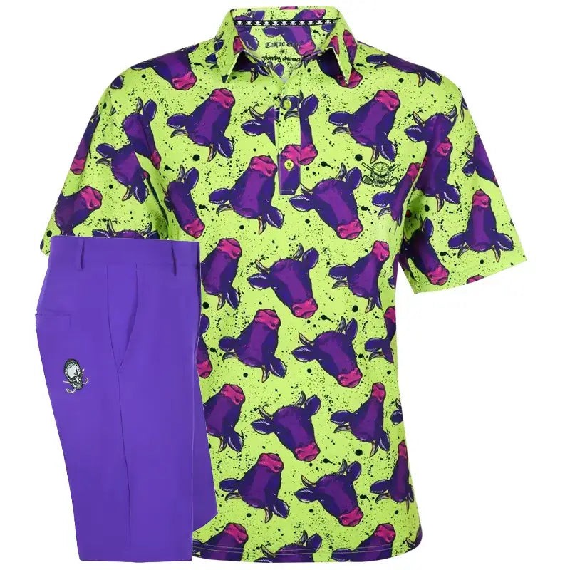 golf shirt with purple cow pattern and matching shorts
