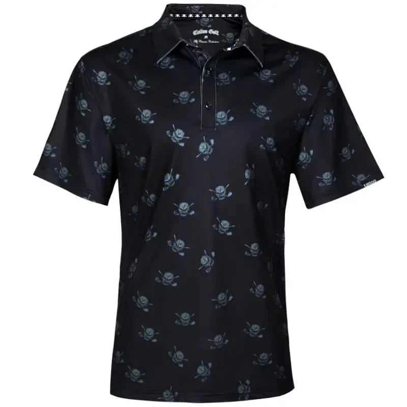 Tattoo Golf Dancing Skulls men's polo in black and charcoal, showing the skull pattern in a product view.