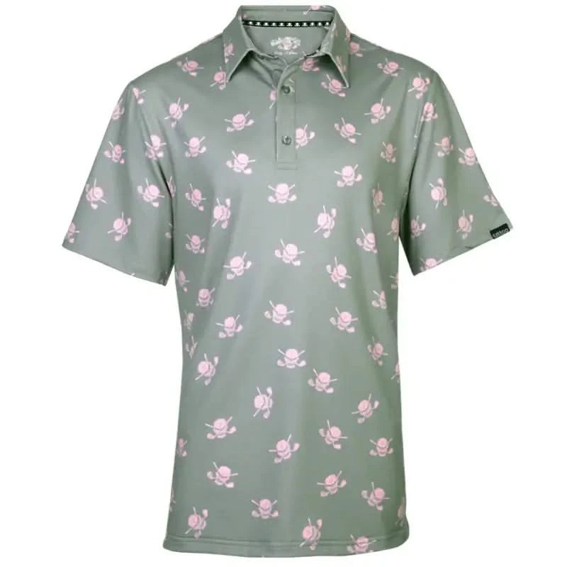 A men's golf shirt with an all-over grey and pink skull pattern, featuring a 3-button placket and short sleeves.