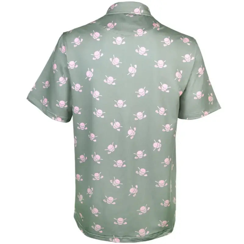pink skulls all over golf polo