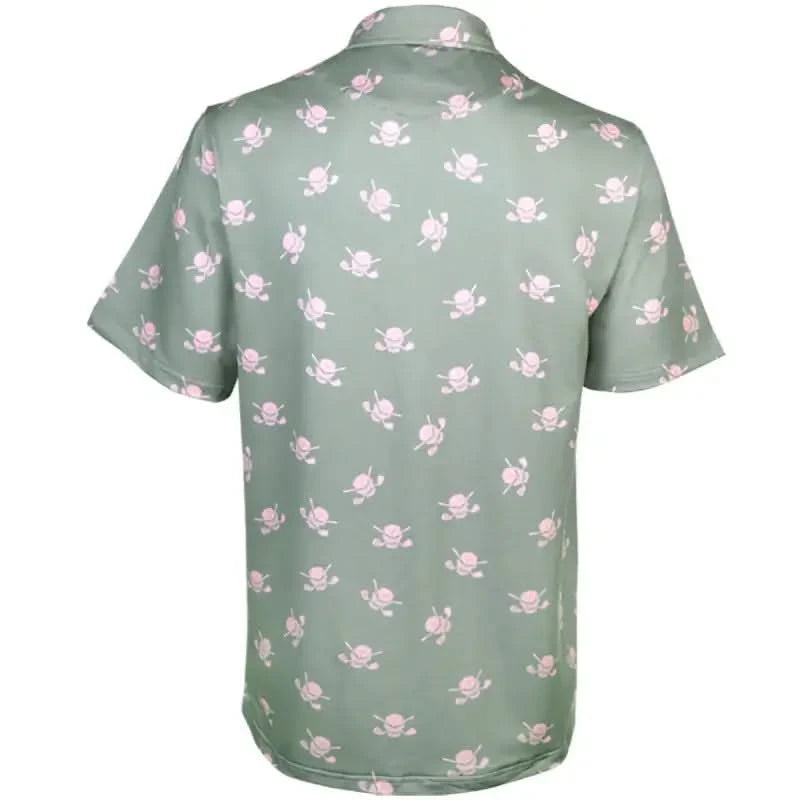 Back view of Dancing Skulls Cool-Stretch Men's Golf Shirt in Grey/Pink with all-over skull pattern.