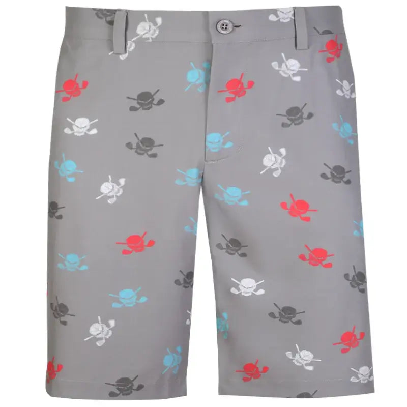grey men's golf shorts with multicolored skulls
