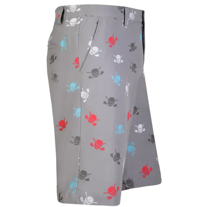Gray shorts with colorful skull and crossbones pattern