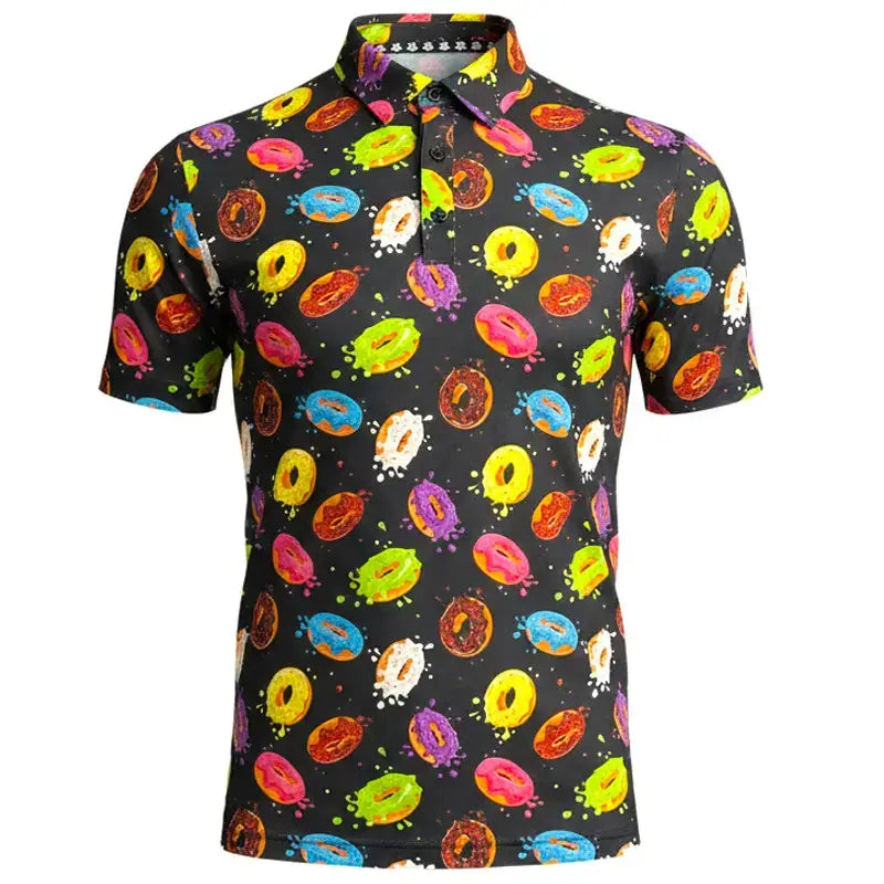 Glazed & Confused Cool Stretch Men's Golf Shirt featuring a colorful donut print on a black background.