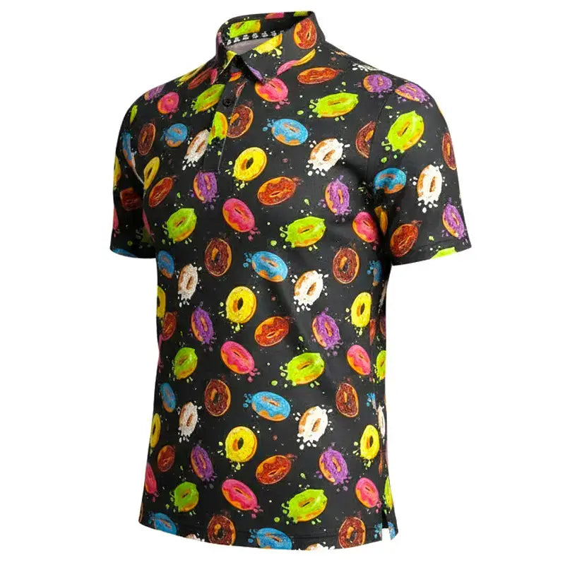 Glazed & Confused Cool Stretch Men's Golf Shirt featuring a colorful donut pattern on a dark background.