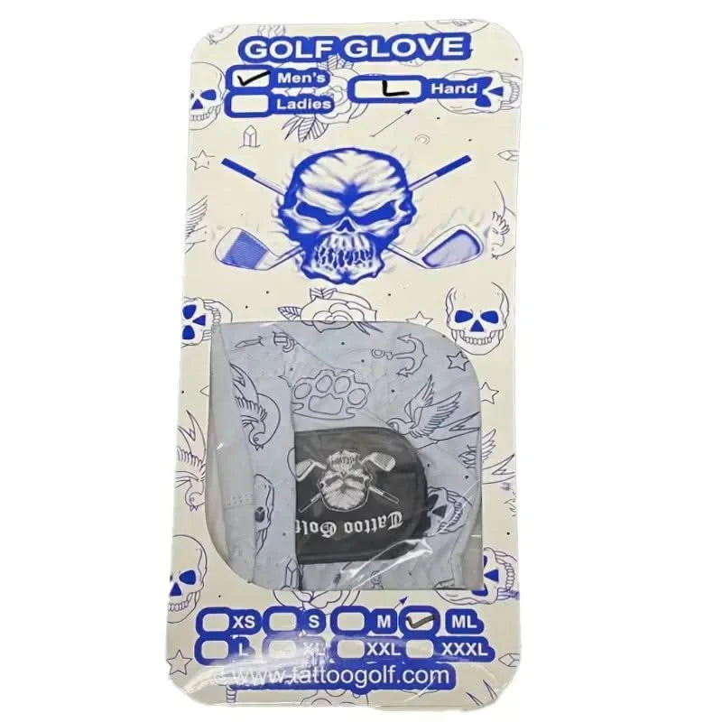 Golf glove packaging with skull design and branding on a white background