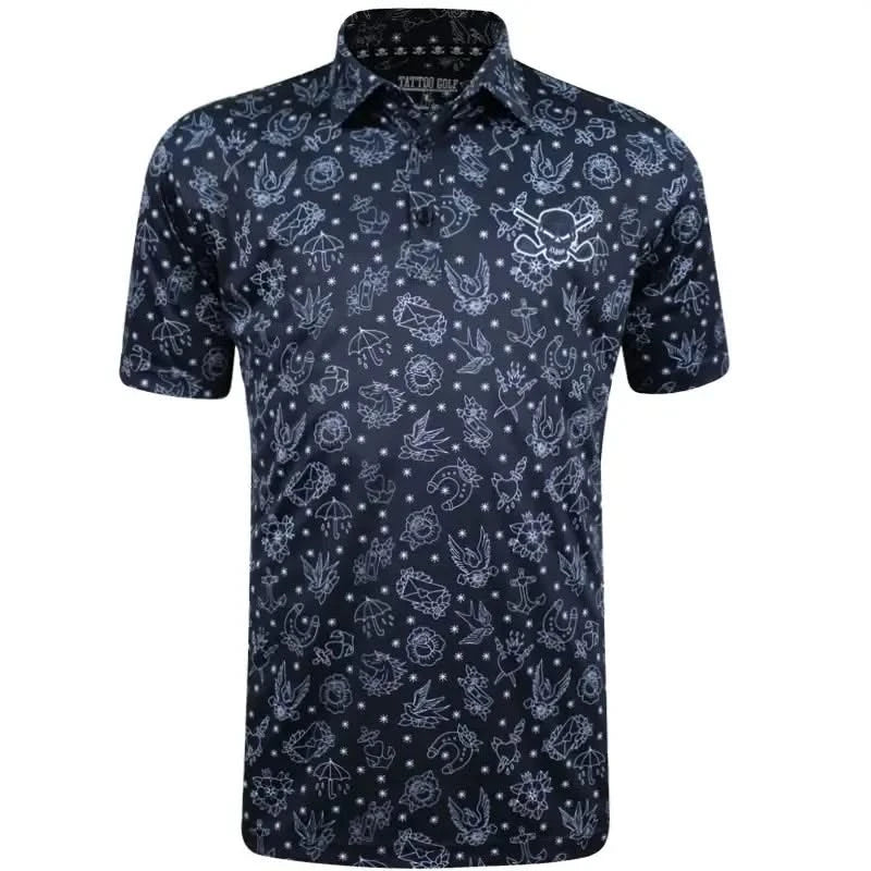 A black men's golf shirt with a crew neck, short sleeves, and a pattern of white and gray tattoo-inspired designs featuring skulls and other motifs.