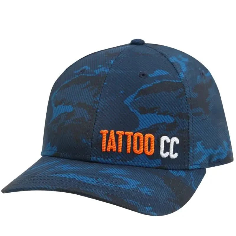 Tattoo Golf Camo Tattoo CC performance golf hat shown in blue camouflage.