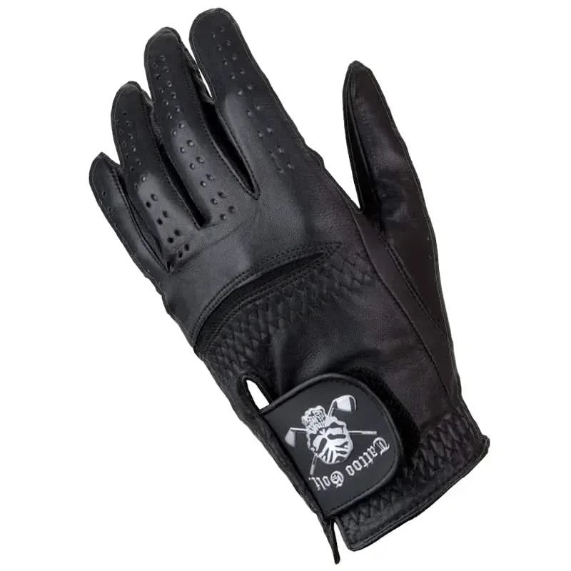 Black Cabretta Leather Men's Golf Glove featuring premium black leather and Tattoo Golf's iconic skull design.