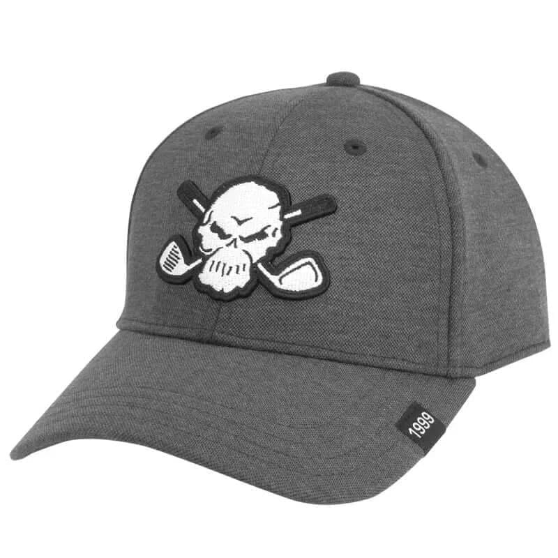 A dark grey golf hat with a embroidered skull and crossbones design and the year 1999 on the brim.